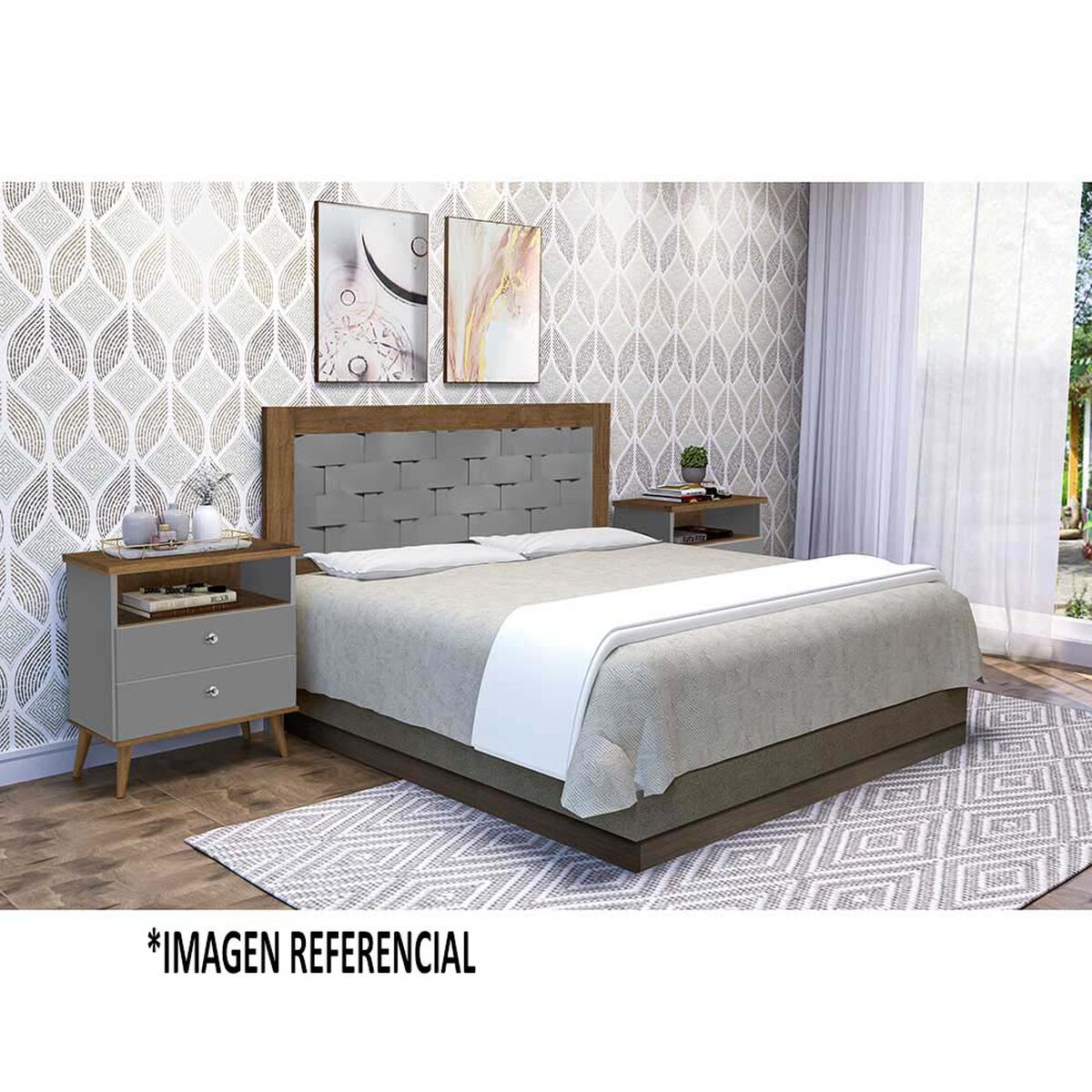 Respaldo + 2 Veladores Dreams 2 Plazas Treliza Gris