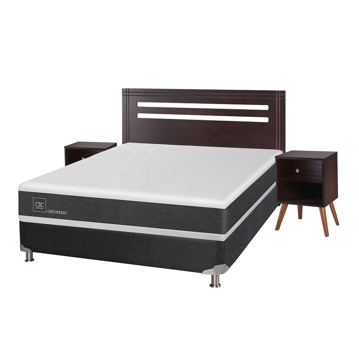 Box Spring CIC 2 Plazas New Ortopedic + Respaldo + 2 Veladores New Munich