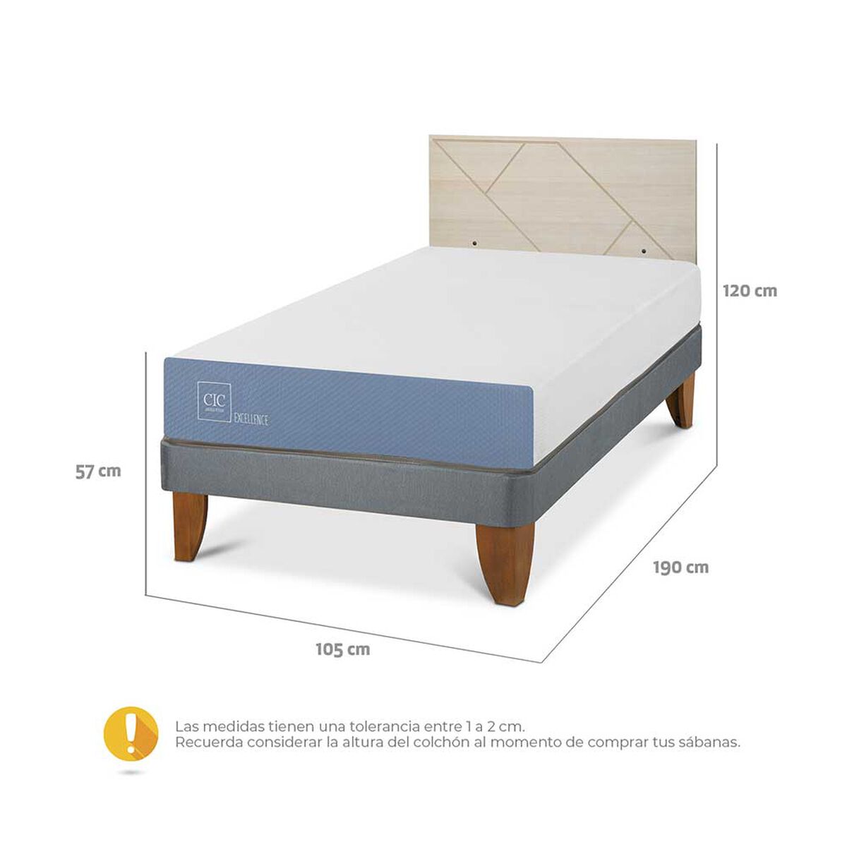 Cama Europea CIC 1,5 Plazas Excellence + Respaldo Villarrica Alpino