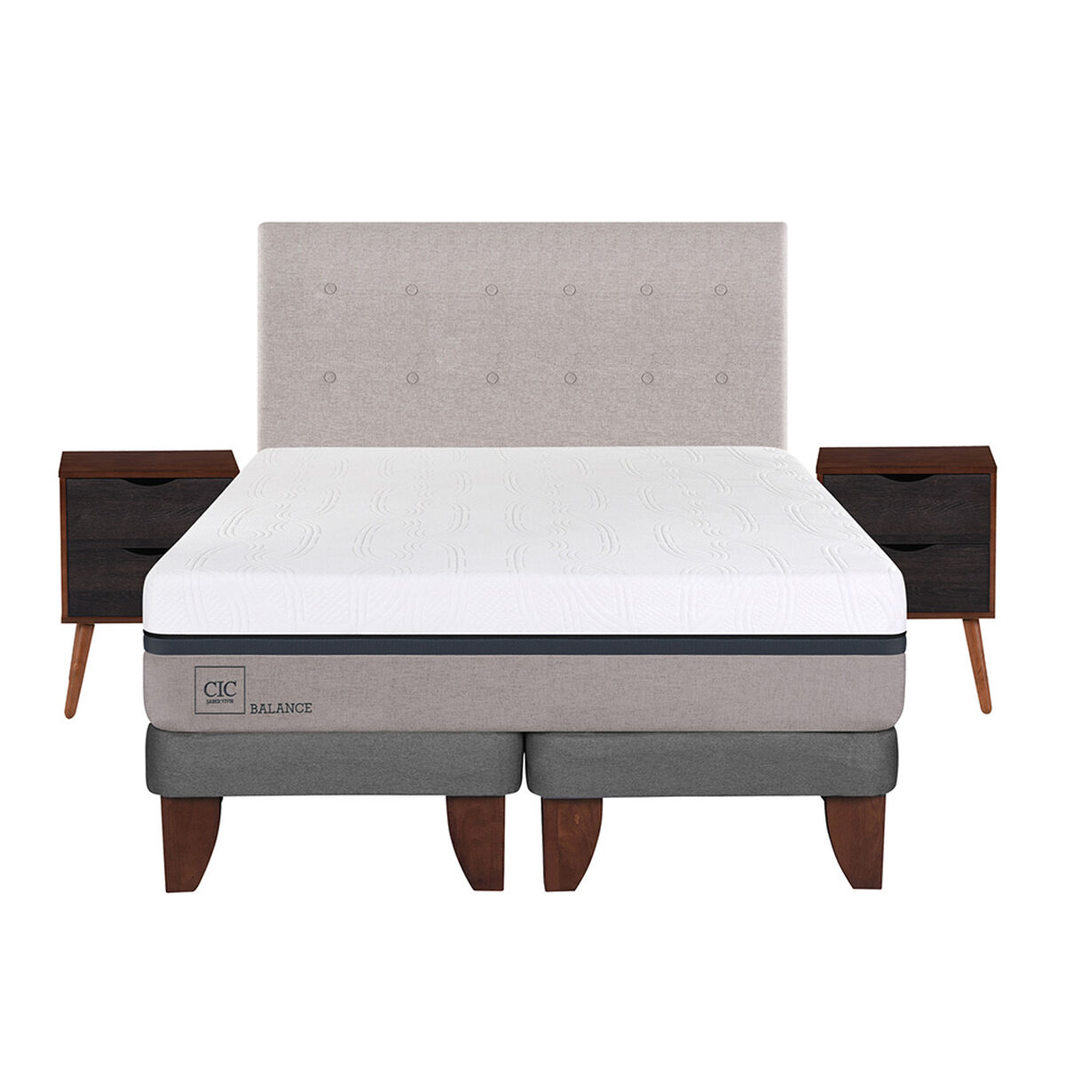 Cama Europea CIC Base Dividida 2 Plazas Balance + Respaldo + 2 Veladores Tigris
