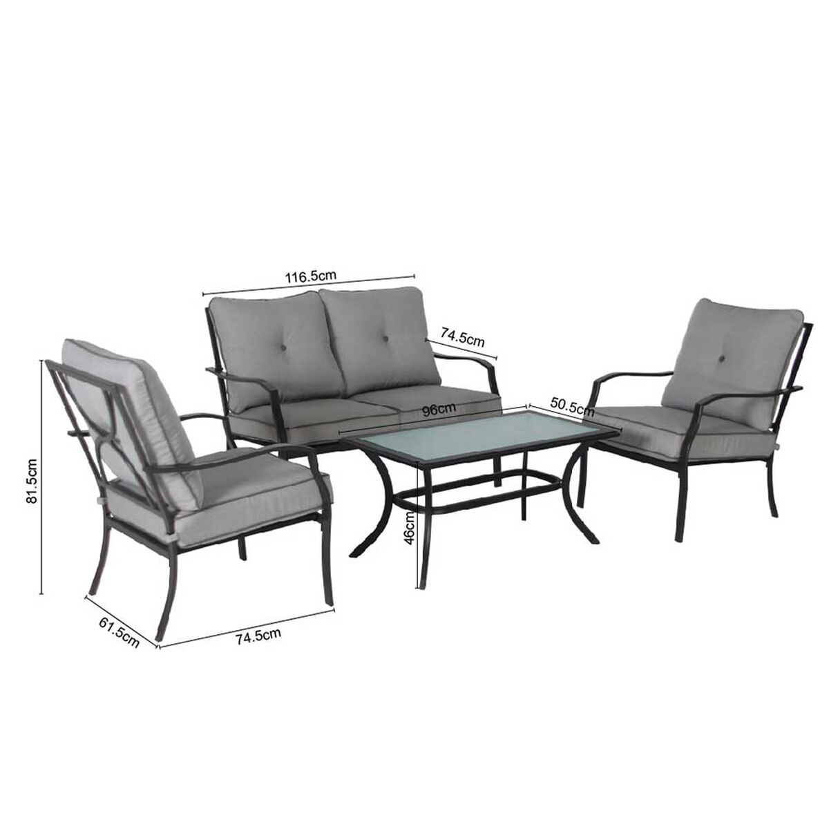 Juego de Living para Terraza Casanova Dover Sofá 2 Cuerpos + Dos Sillones 1 Cuerpo + Mesa de Centro Gris