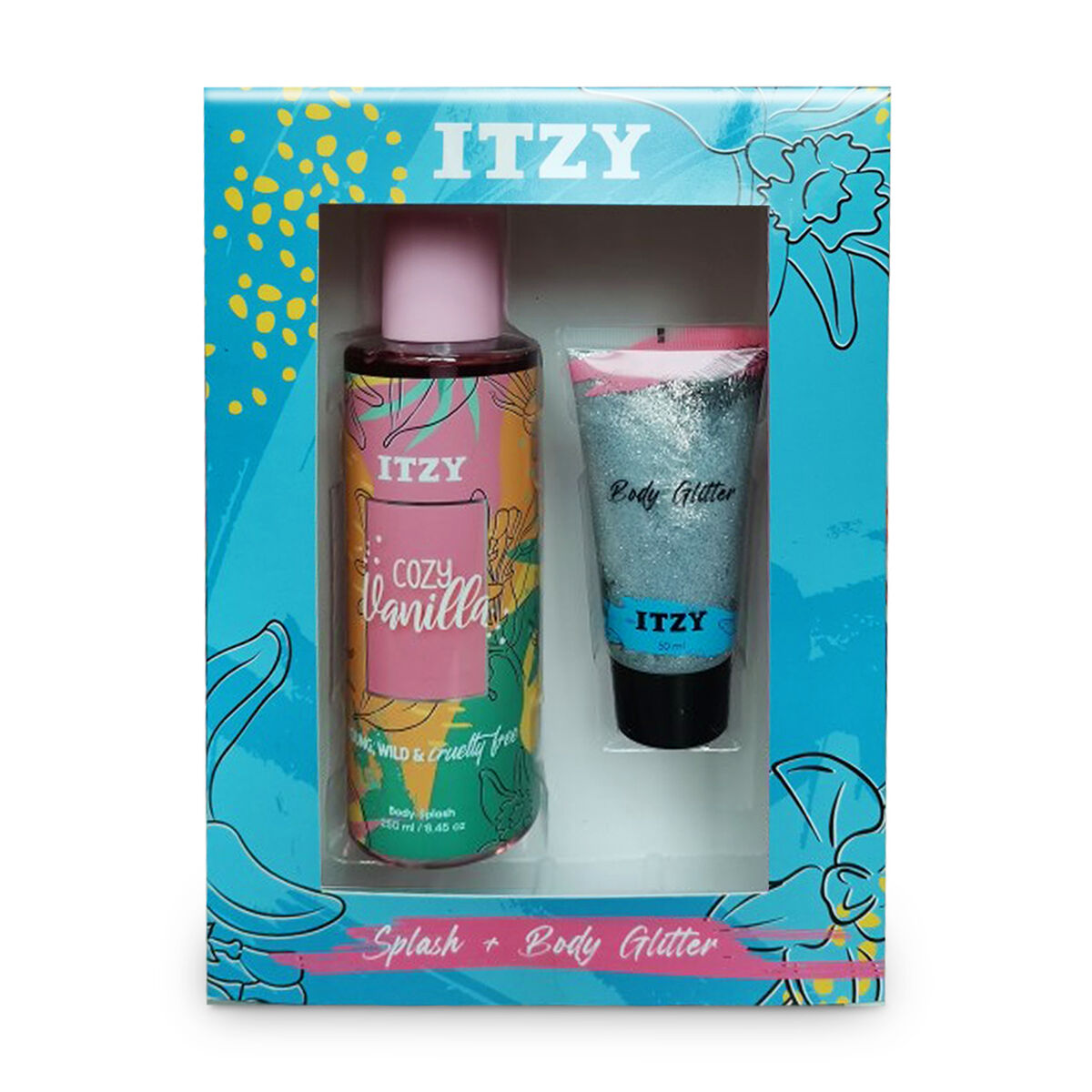 Set de Body Splash Itzy Cozy Vainilla 250 ml + Body Glitter