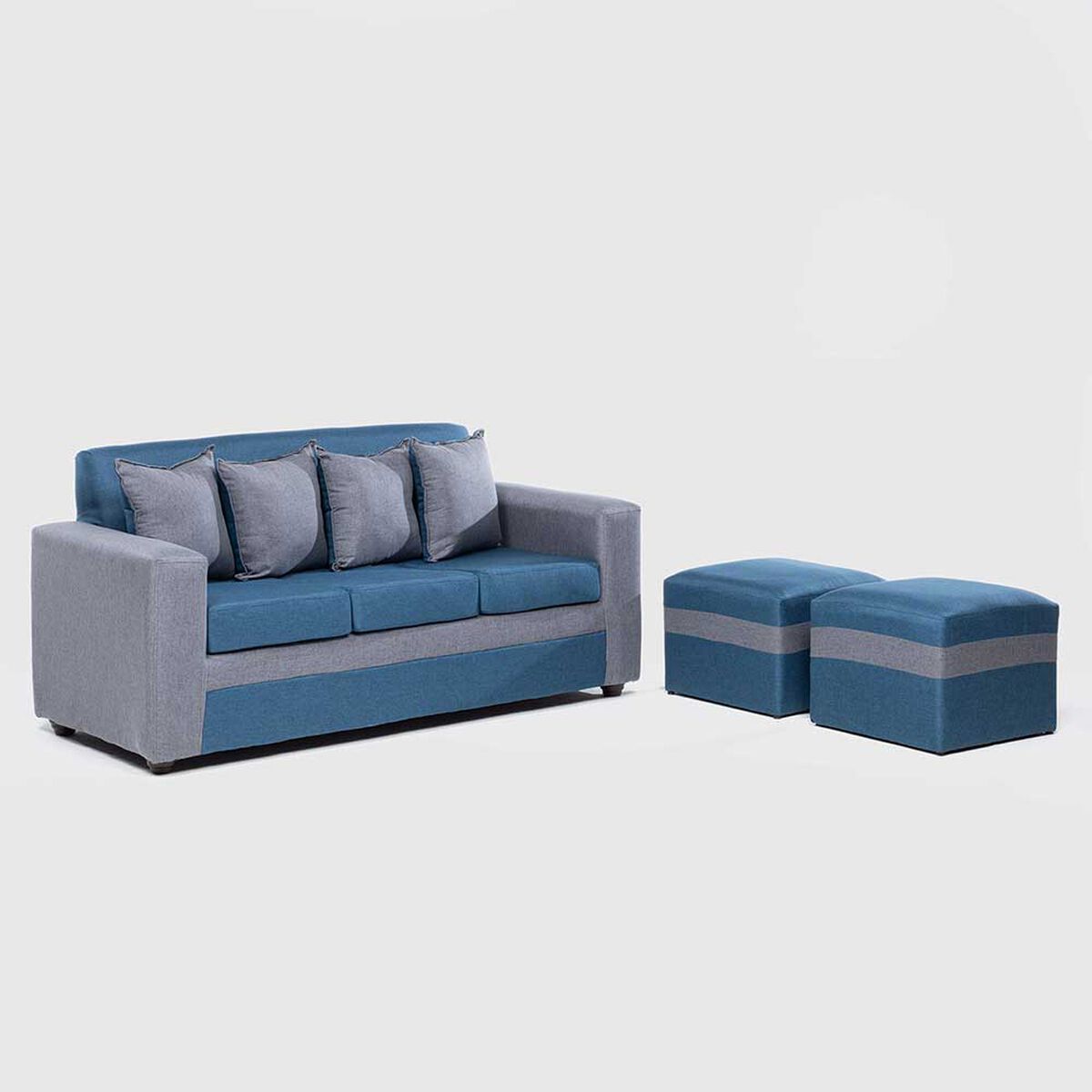 Juego de Living Almore Paris Sofá 3 Cuepos + Dos Pouf 1 Cuerpo Gris Azul