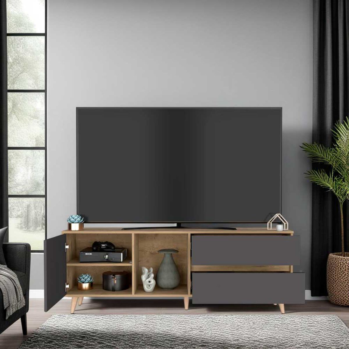 Rack TV TuHome Salem Hasta 65" Macadamia Plomo