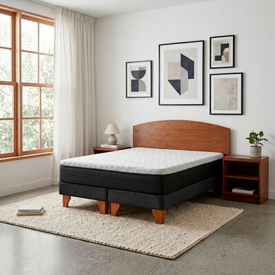 Cama Europea Latam Home 2 Plazas New Top Tela Velvet Negro + Maderas Atlas