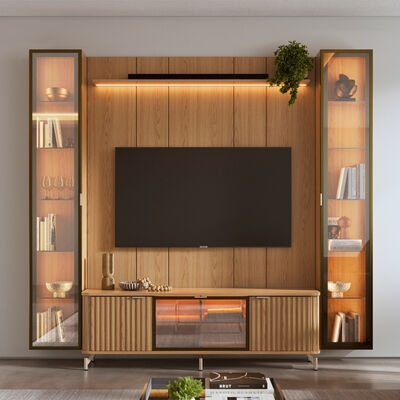 Rack TV 70" Lincon + Panel Neon + 2 Vitrinas Decocasa Carvalho