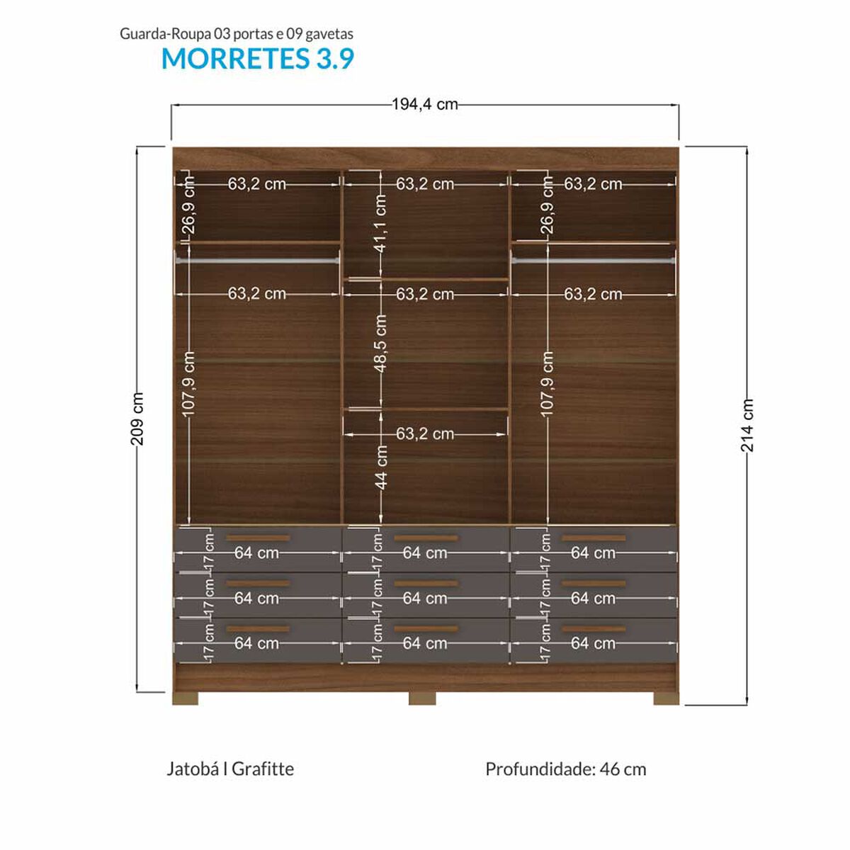 Clóset Onessta Morretes 3 Puertas 9 Cajones Grafito