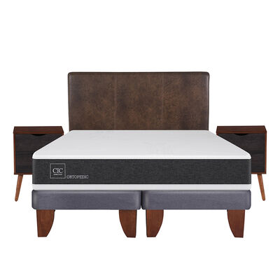 Cama Europea CIC Base Dividida 2 Plazas Ortopedic + Respaldo + 2 Veladores Baker