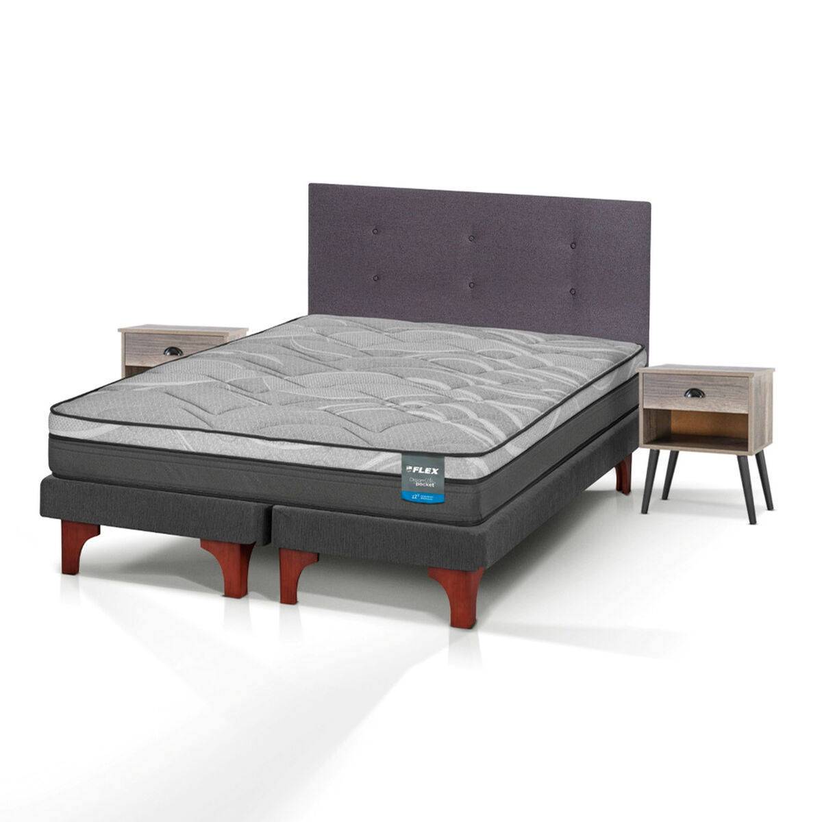Cama Europea Flex 2 Plazas Dream Pocket Box B/D + Respaldo Royal Grafito + Velador Rock