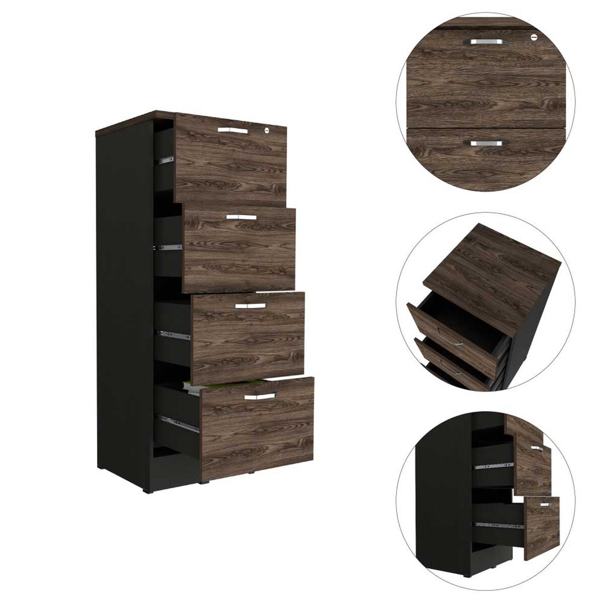 Mueble Archivador TuHome Home Office 1 Puerta 4 Cajones Negro Soft Coñac