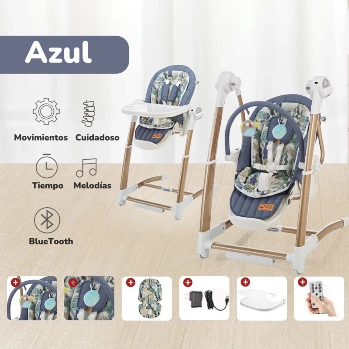 Silla de Comer y  Columpio Mecedor Lujoso Lubabycas Azul