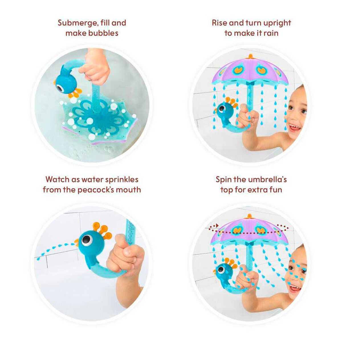 Juego de Ba&ntilde;o Paragua Pavo Real Purpura Infantil Beb&eacute; Ni&ntilde;o Ni&ntilde;a Tina Yookidoo