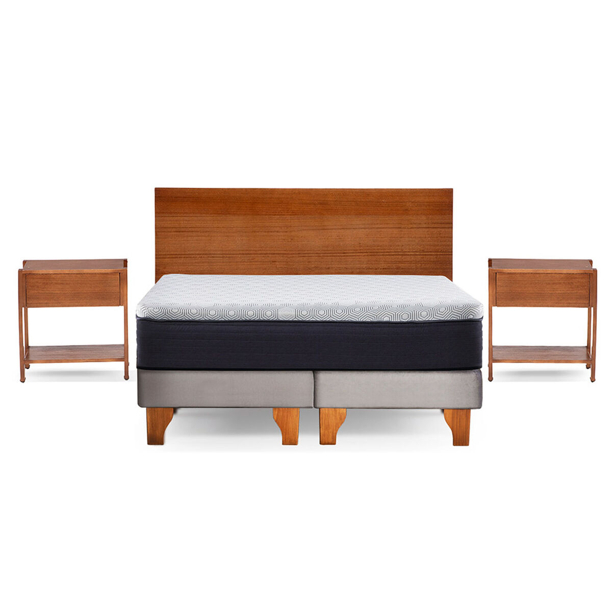 Cama Europea Latam Home 2 Plazas New Top Tela Velvet Gris + Maderas Orion
