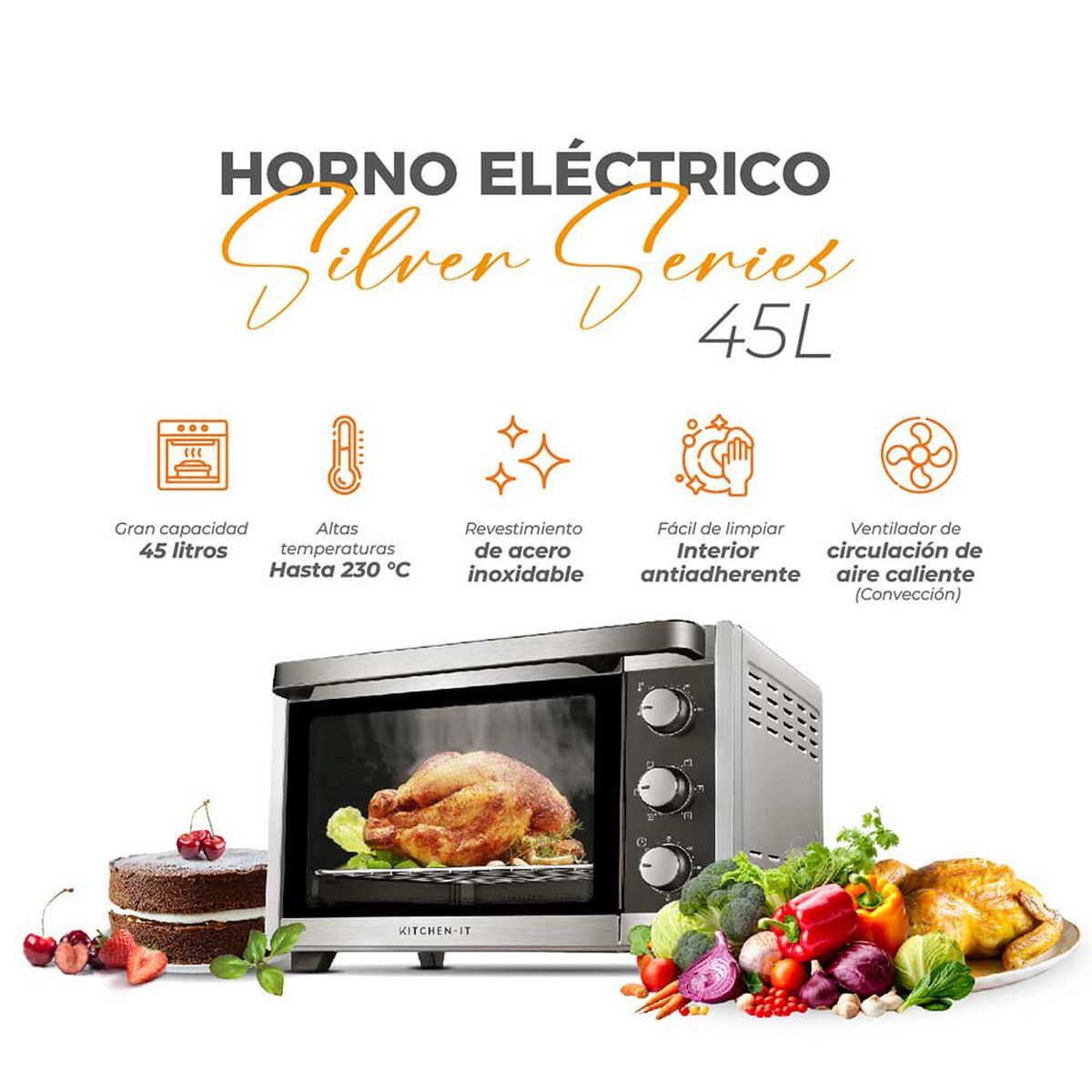 Horno El&eacute;ctrico Kitchen-It Silver Series 45 lts.