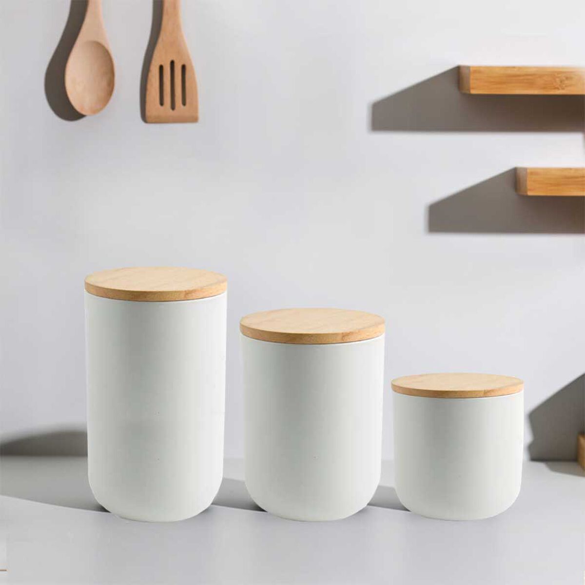 Contenedor Cerámica Hermético Tapa Madera Simplit S Blanco