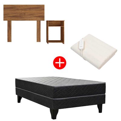 Combo Celta Cama Europea 1,5 Plazas New Atlantis 190 x 105 cm + Respaldo 1,5 Plazas + Velador Casanova Nogal + Calientacamas Kioto CY1 1 Plaza