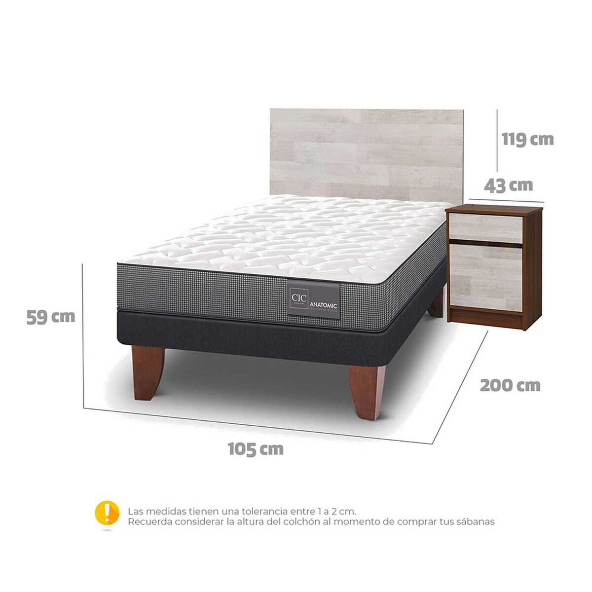 Cama Europea CIC 1,5 Plazas Anatomic + Respaldo + Velador Legno