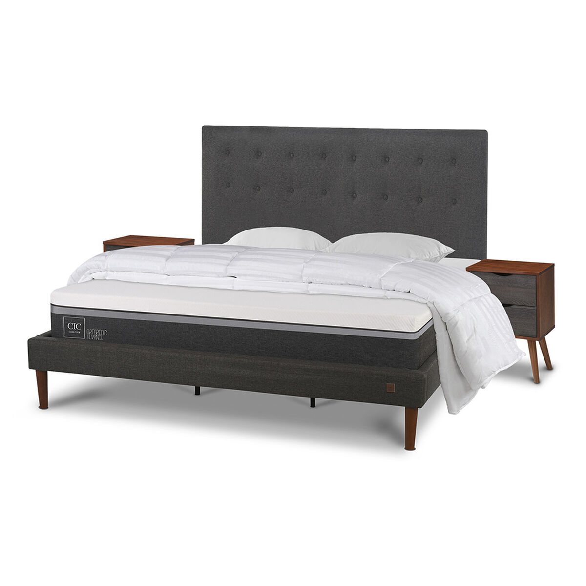 Cama Europea CIC King Ortopedic Advance + Respaldo Eufrates + 2 Veladores + Almohadas + Plum&oacute;n