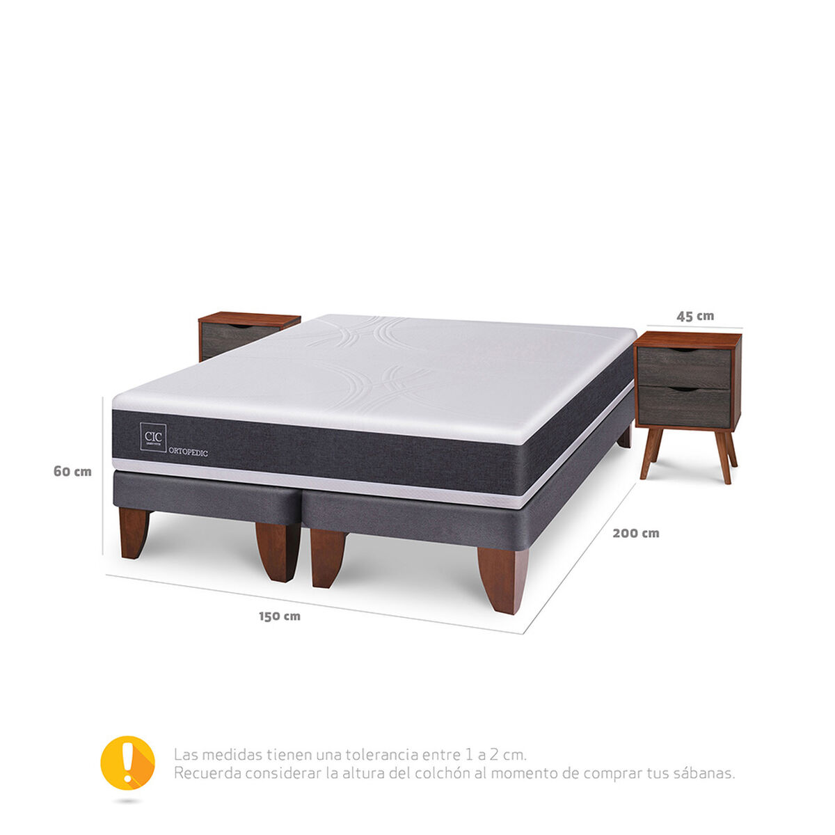 Cama Europea CIC Base Dividida 2 Plazas New Ortopedic + 2 Veladores Niger