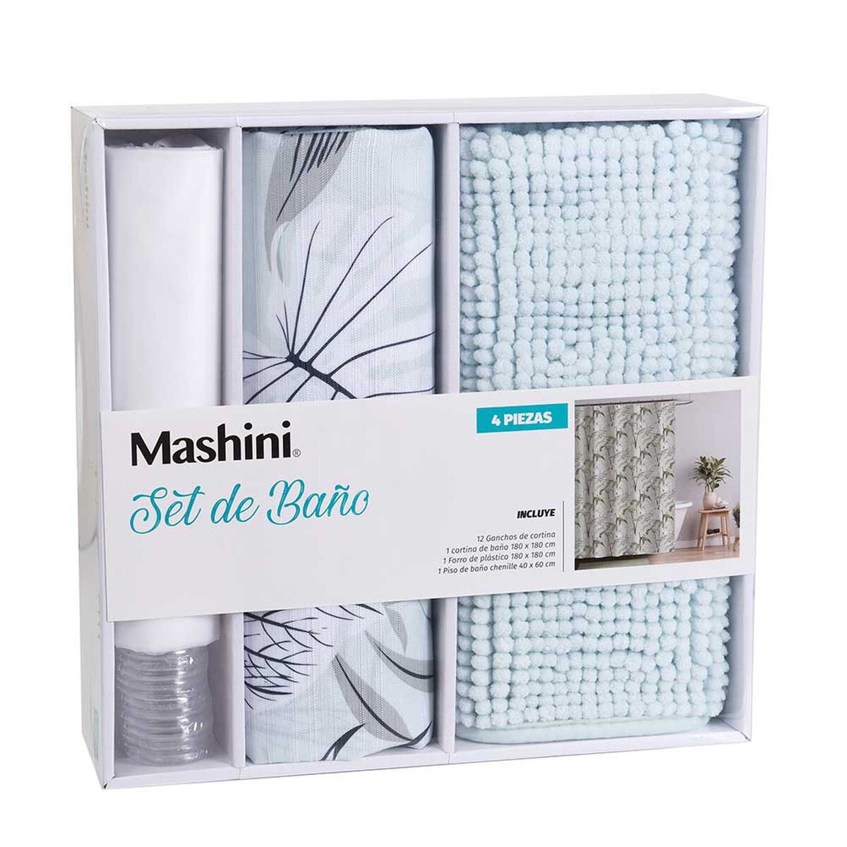 Set Cortina de Baño 4 Piezas Mashini Nyeri Multicolor