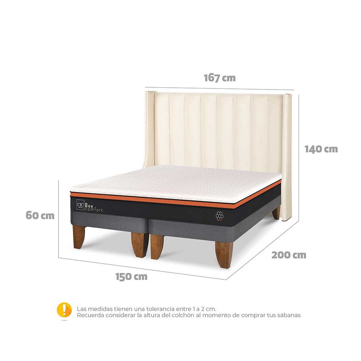 Cama Europea CIC Base Dividida 2 Plazas Bee Comfort + Respaldo Panaro
