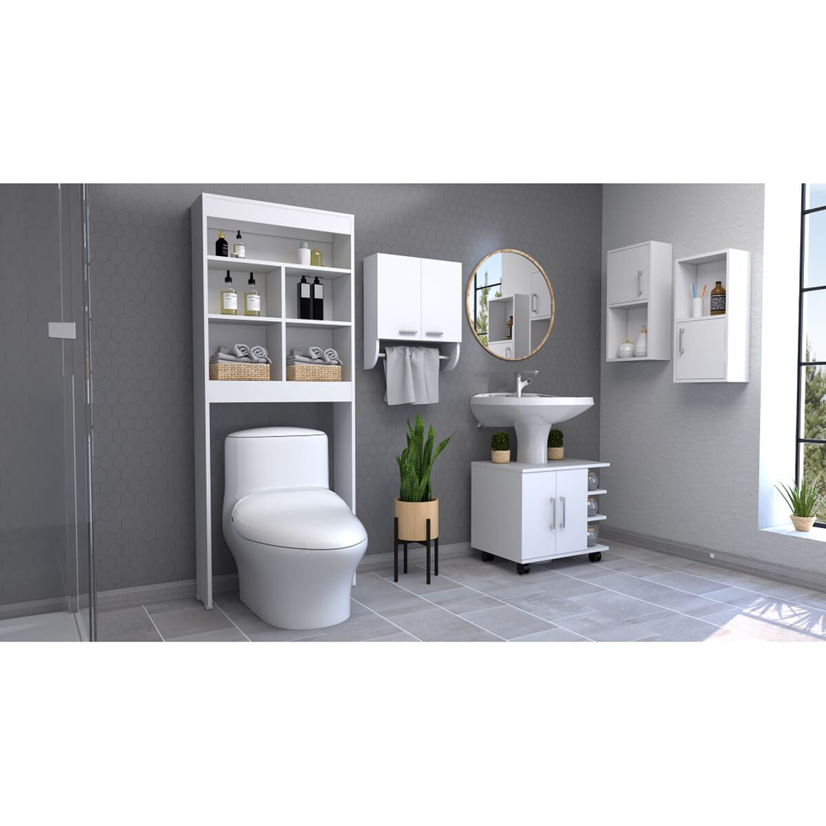 Botiquín Bath 28 + Base Lavamanos + Estante Wc + Auxiliar TuHome BigBath Blanco