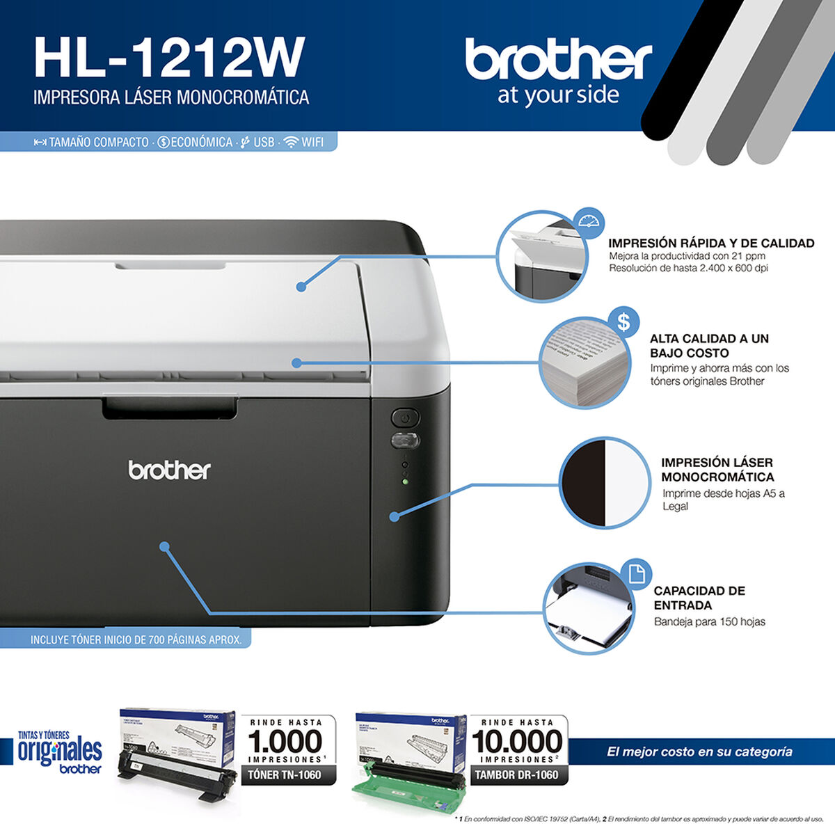 Impresora Brother Láser Blanco y Negro HL-1212 WiFi