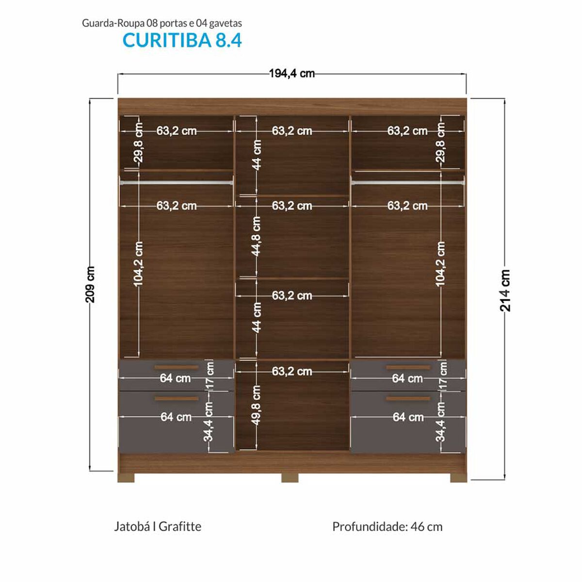 Clóset Onessta Curitiba 8 Puertas 4 Cajones Jatoba