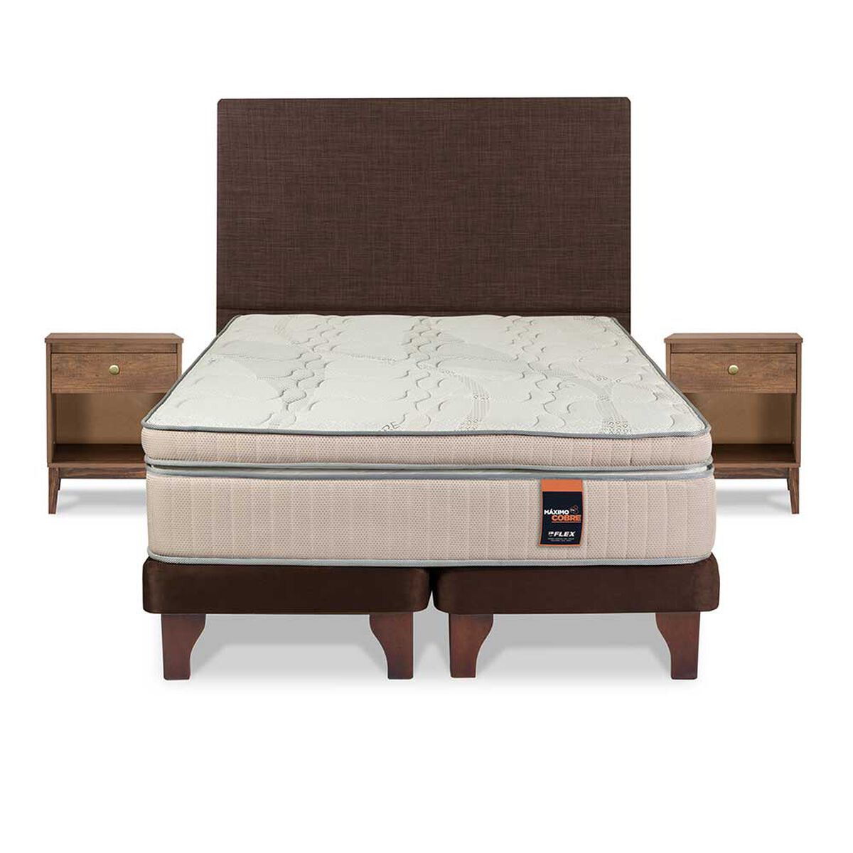 Cama Europea Flex Base Dividida King Máximo Cobre  + Respaldo Tapizado Chocolate + 2 Veladores Asturias