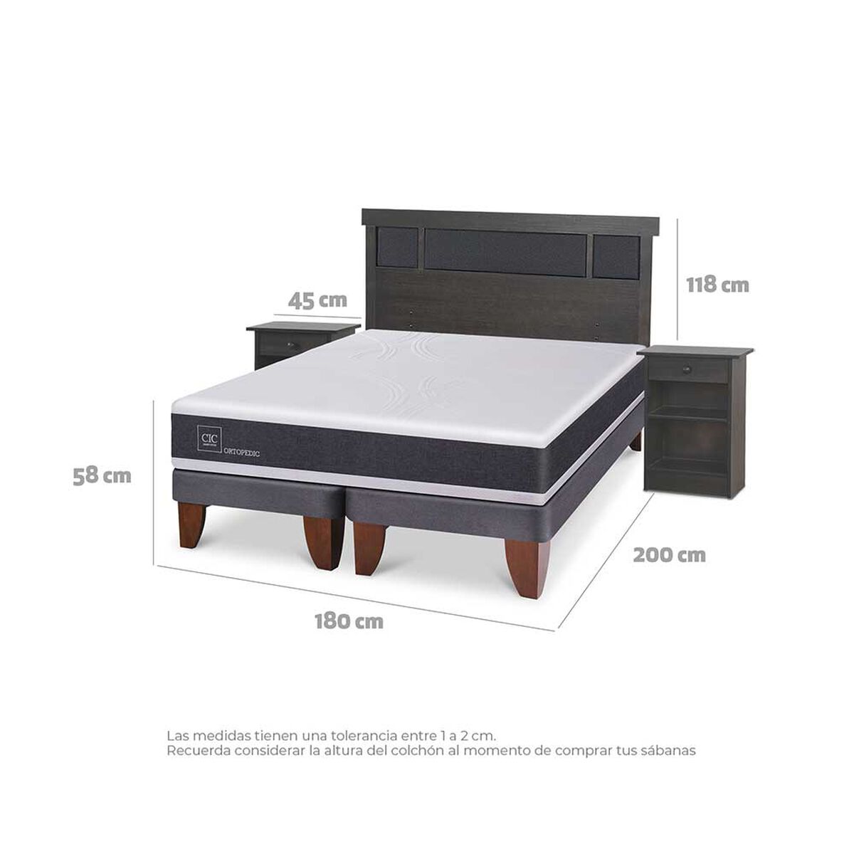 Cama Europea CIC Base Dividida King Ortopedic + Respaldo + 2 Veladores Dublin