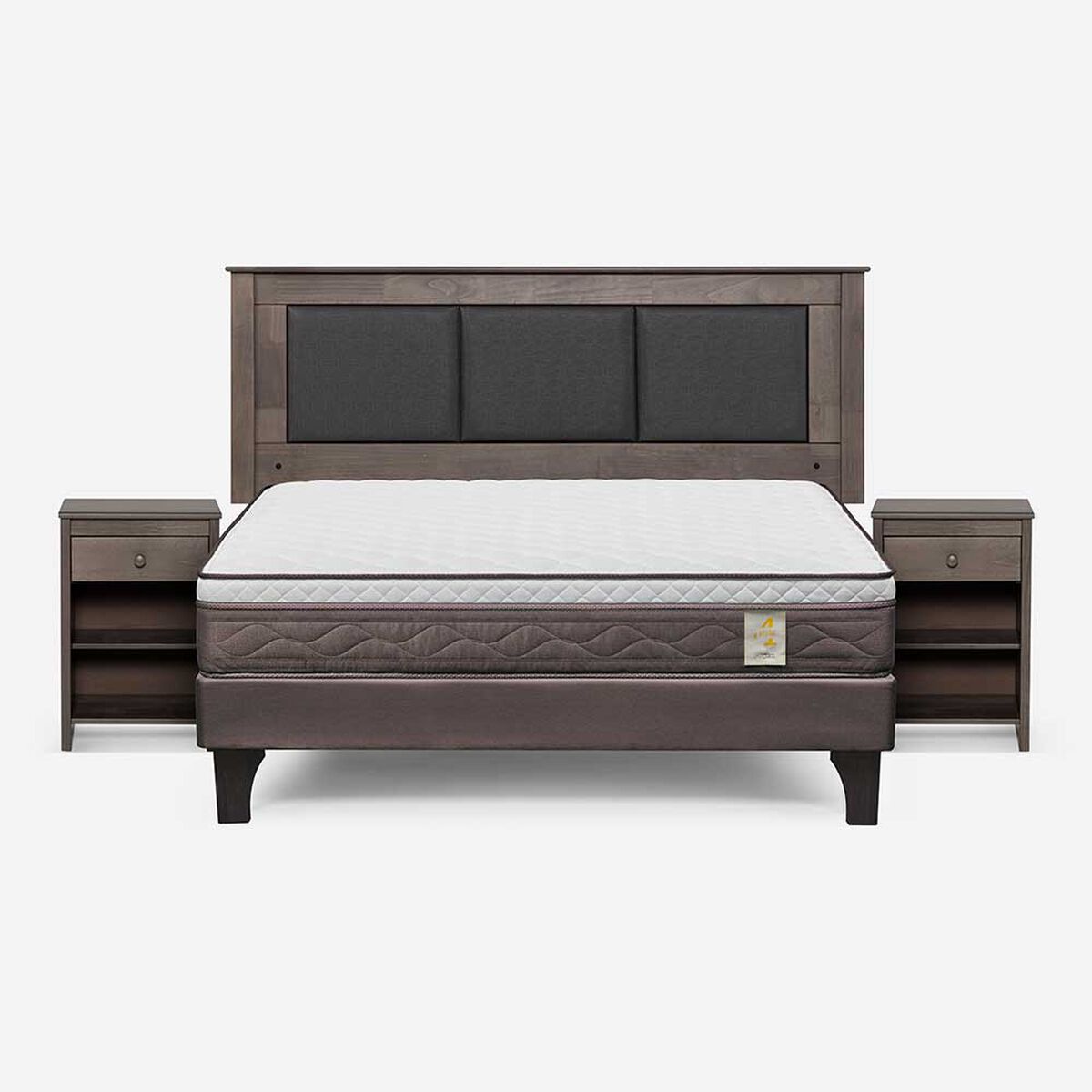 Cama Europea Rosen 2 Plazas New Style 4 Plus + Respaldo Rachel Gris + 2 Veladores