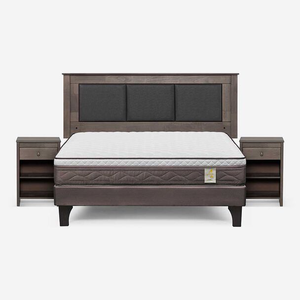 Cama Europea Rosen 2 Plazas New Style 4 Plus + Respaldo Rachel Gris + 2 Veladores