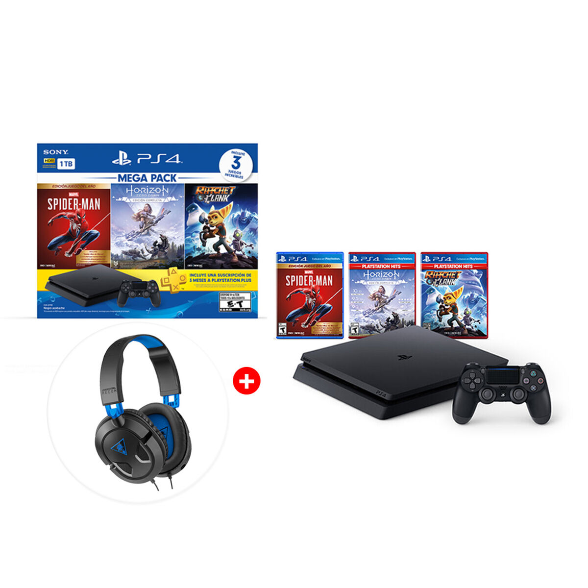 Combo Bundle Megapack 15 Sony PS4 1TB + Control DualShock + Audífonos Gamer Turtle Beach Recon 50P + 3 Juegos de PS4