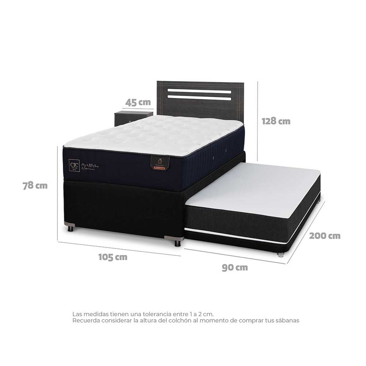 Cama Nido CIC 1,5 Plazas Premium + Respaldo + Velador Munich