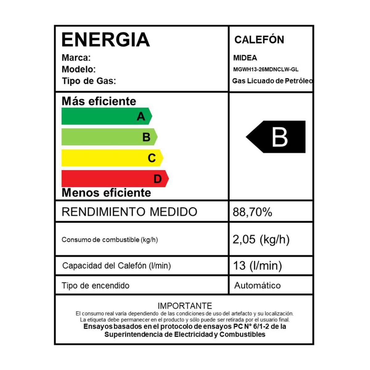 Calefont Gas Licuado Midea MGWH13-26MDNCLW-GL Tiro Natural 13 lts.
