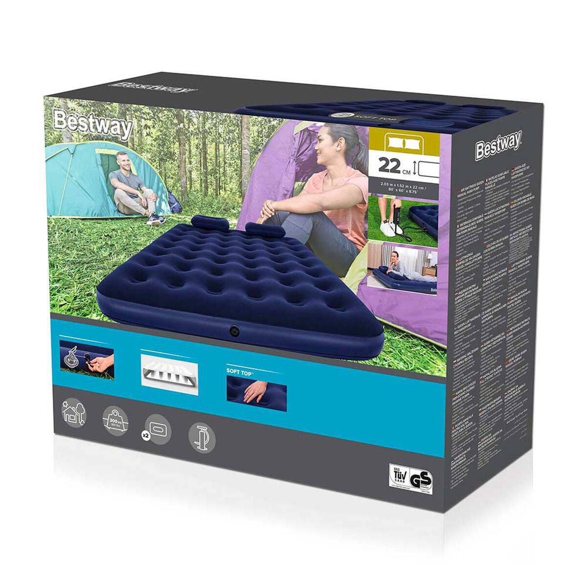 Colchón Inflable Queen 2.03m x 1.52m x 22cm con inflador y 2 almohadas