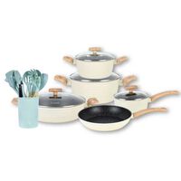 Batería de Cocina Aluminio Forjado Simplit 9 Piezas Crema + Set 12 Utensilios Calipso