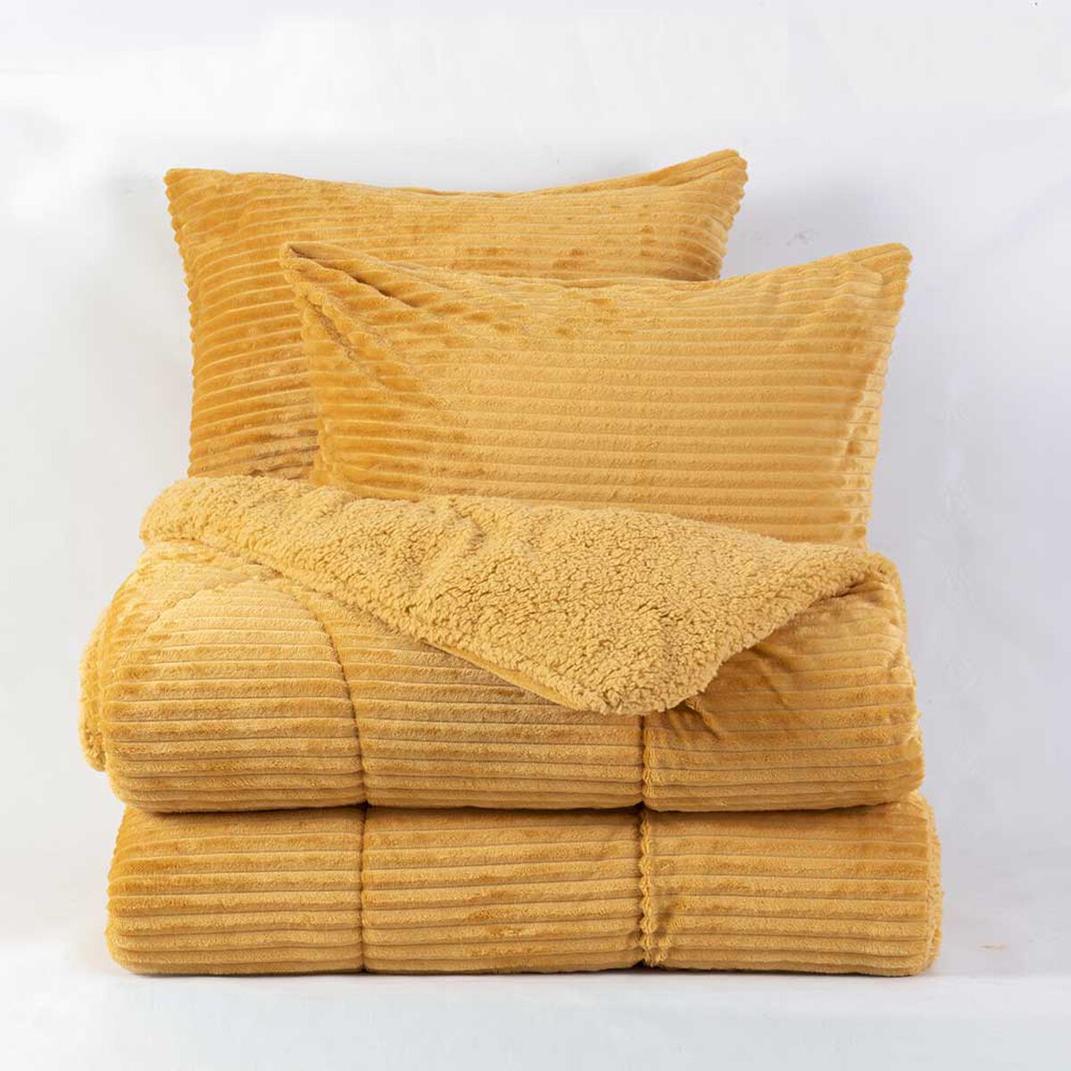 Plumón Corduroy Coral Sherpa Mashini Súper King Liso Amarillo