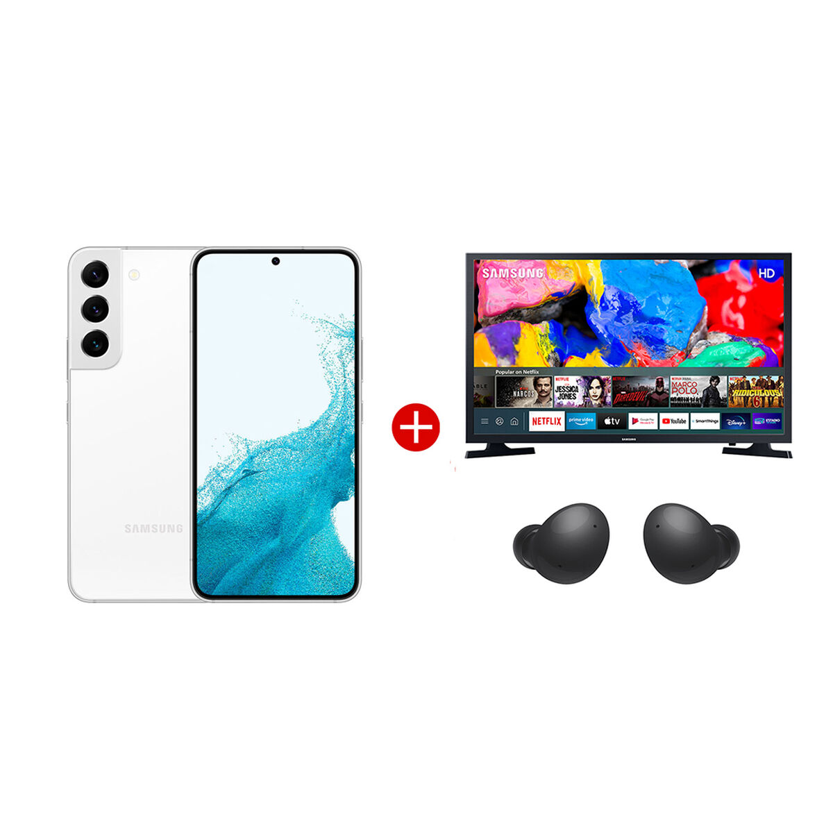 Combo Celular Samsung&nbsp;Galaxy S22+ 256GB 6,6" Phantom White Liberado + LED 32'' T4300 Smart TV HD + Aud&iacute;fonos Bluetooth Galaxy Buds2 Graphite