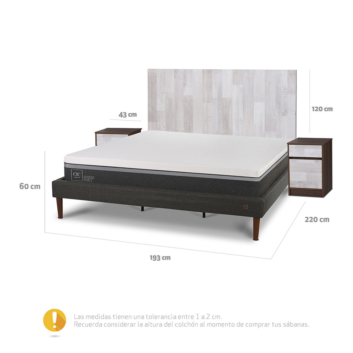 Cama Europea CIC King Ortopedic Advance + Respaldo Legno + 2 Veladores