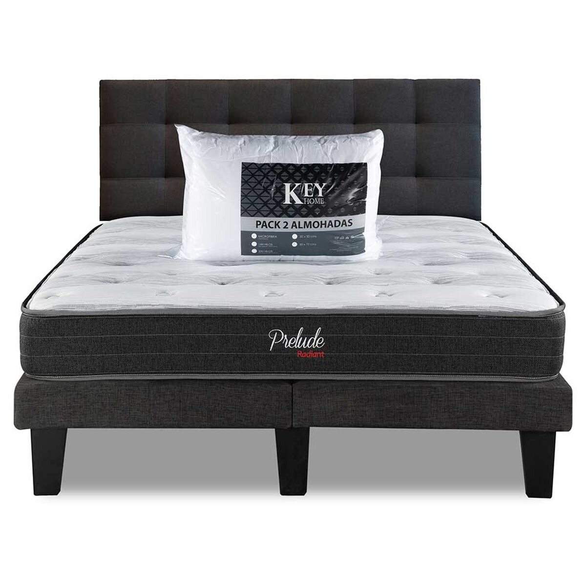 Combo Cama Europea Prelude Radiant 2 Plazas Normal + Respaldo Urban Marengo + Pack Almohadas