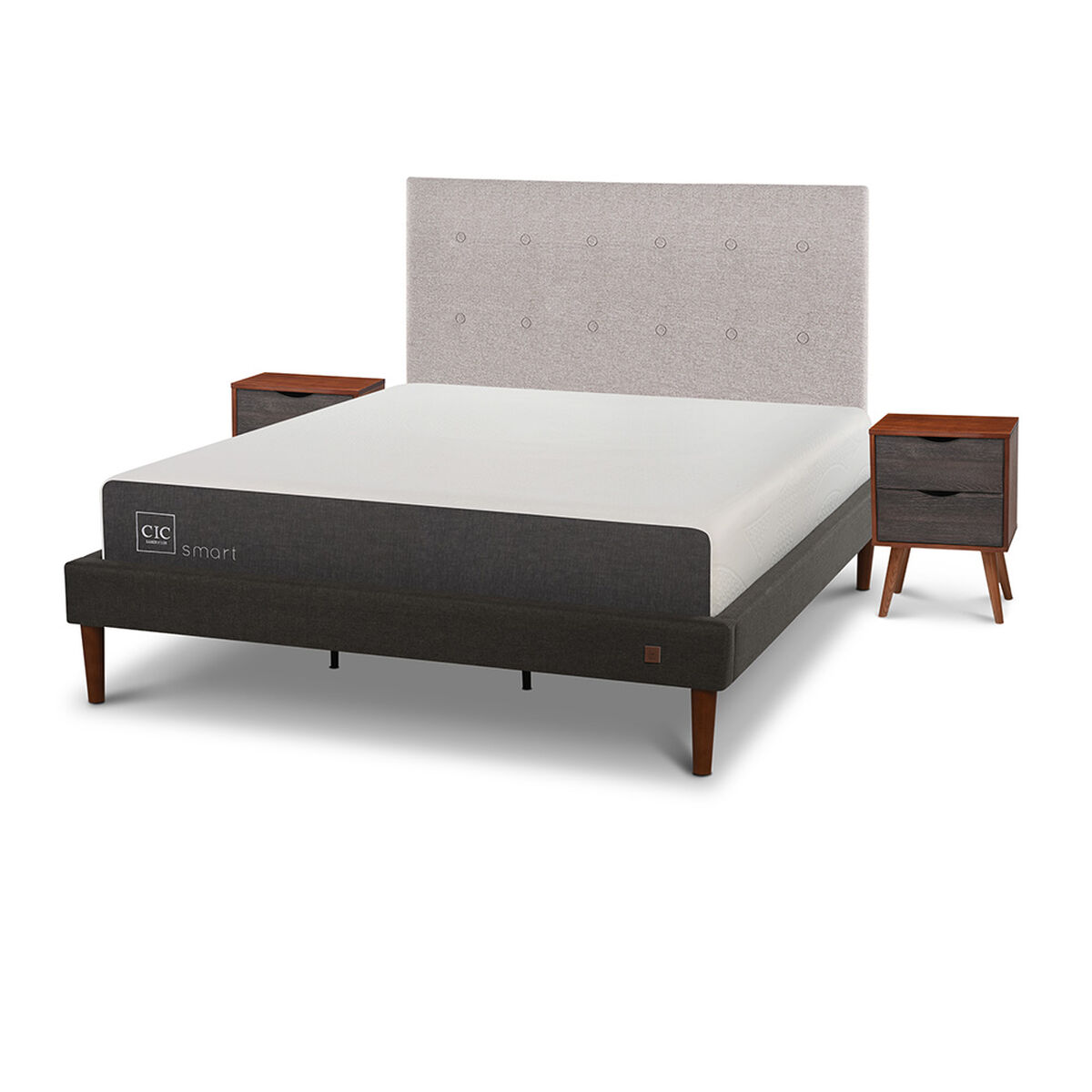 Cama Europea CIC King Smart + Respaldo Tigris + 2 Veladores