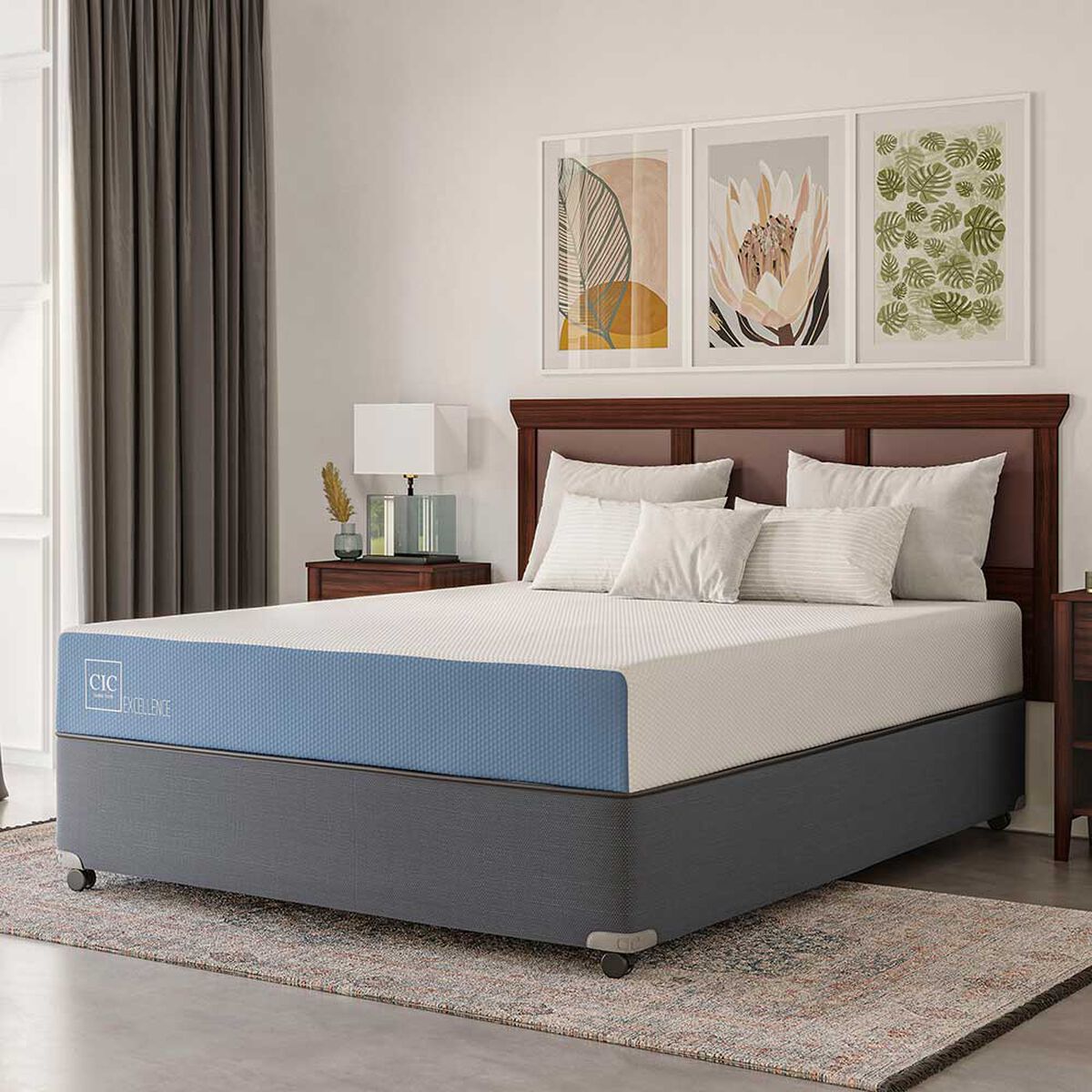 Cama Americana CIC Full Excellence + Respaldo + 2 Veladores Olmo + Almohadas