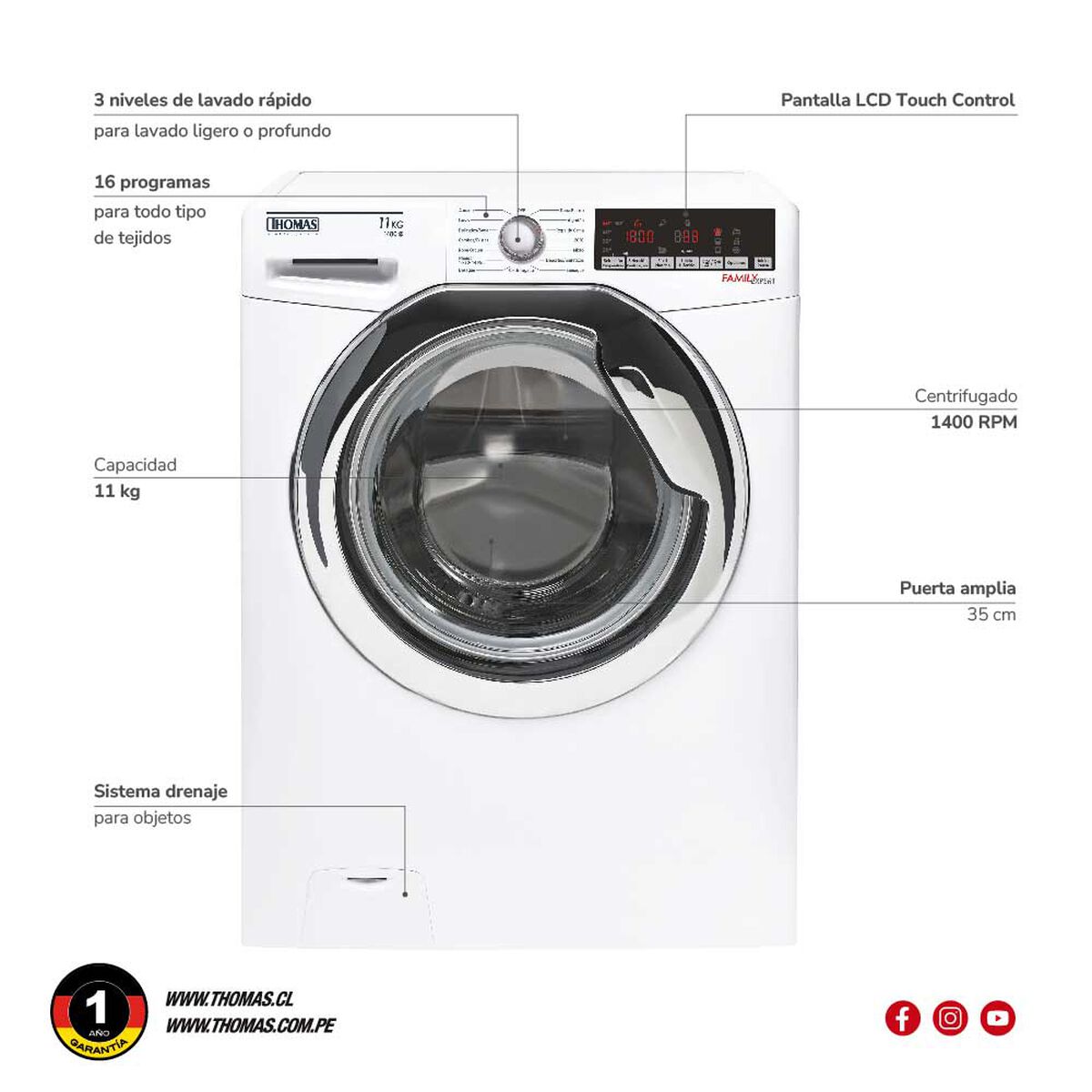 Lavadora Automática Thomas TH-WM11K 11 kg.