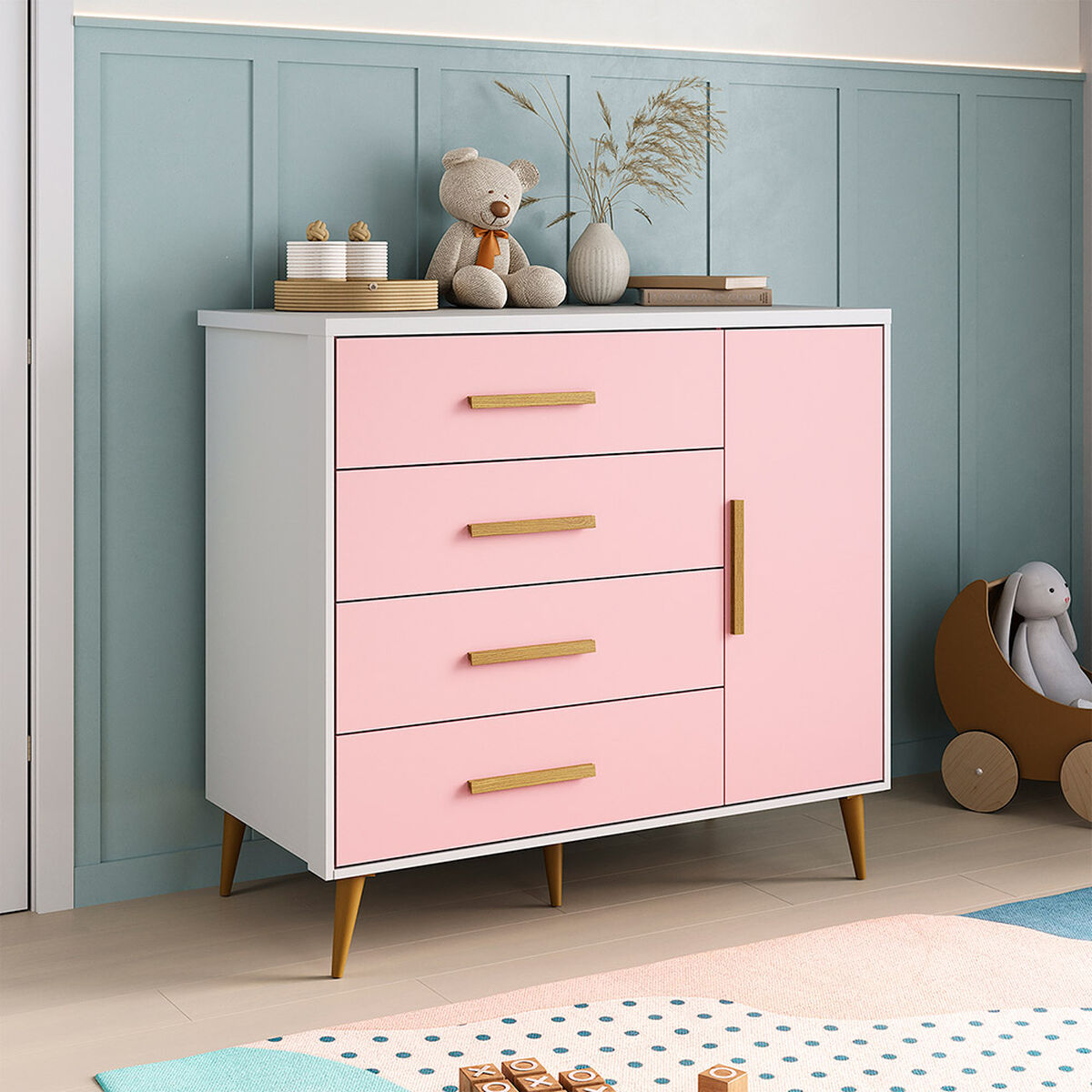 C&oacute;moda Di Poretti Design Kids 4 Cajones 1 Puerta Rosado Nude