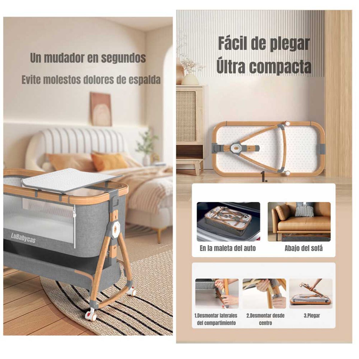 Cuna Colecho Mecedora 3 en 1 LuBabycas Gris