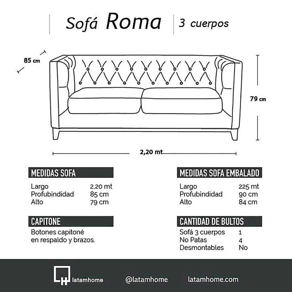 Sof&aacute; Latam Home Cuero Colorado Roma 3 Cuerpos Negro