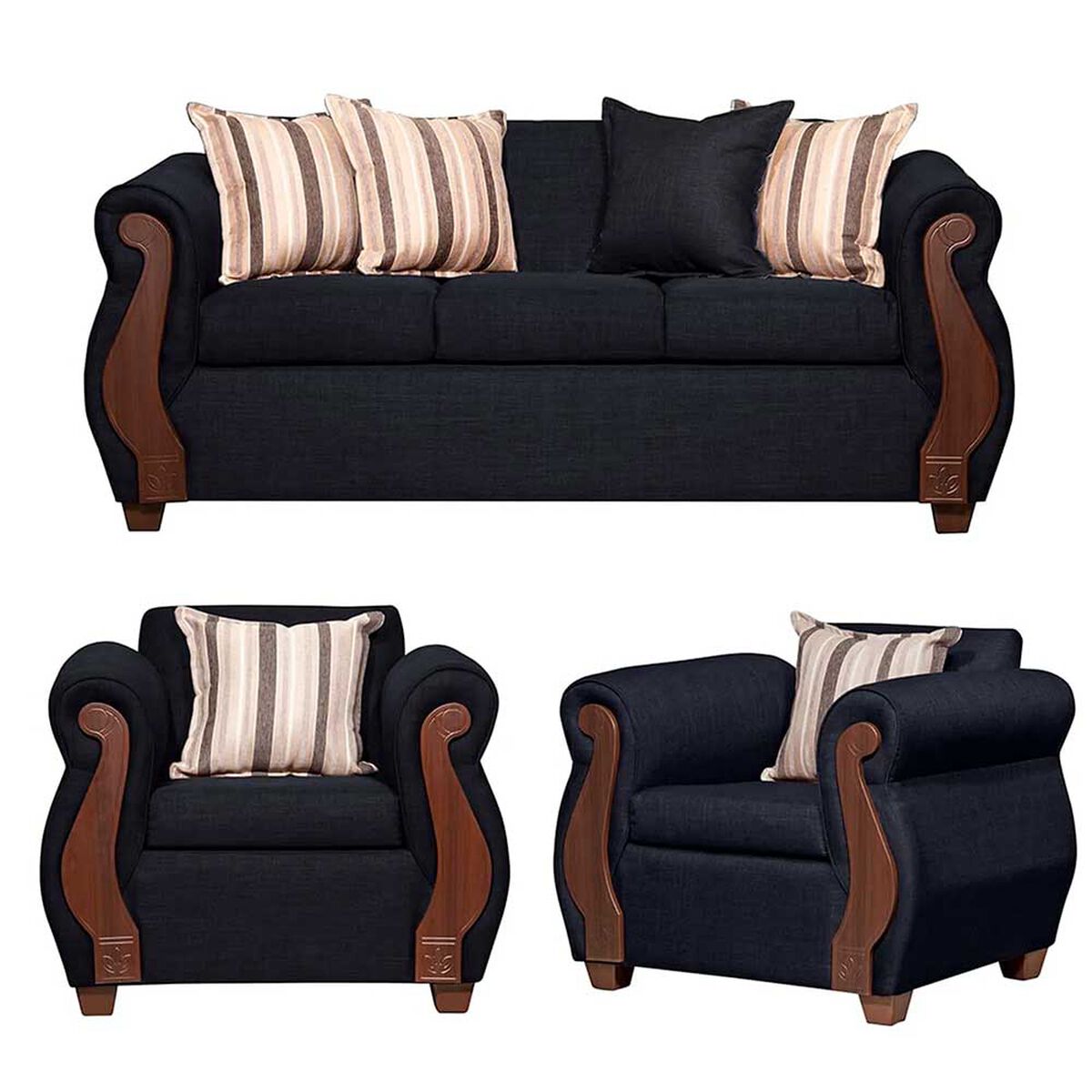 Juego de Living Ruzam Mobel Bego&ntilde;a Sof&aacute; 3 Cuerpos + Dos Sillones 1 Cuerpo Lino Negro