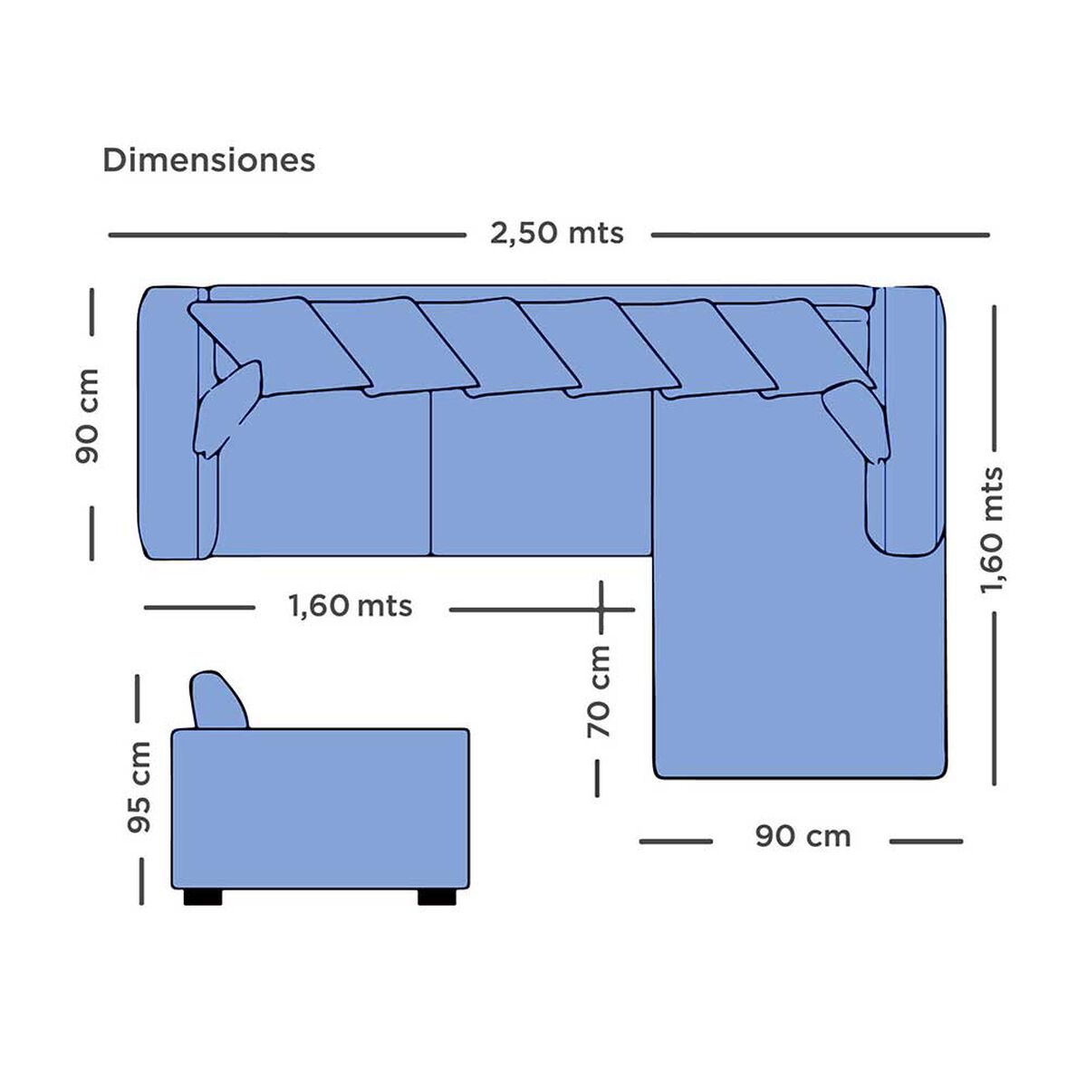 Sofá Seccional Derecho Living Factory Roma 3 Cuerpos Azul Piedra