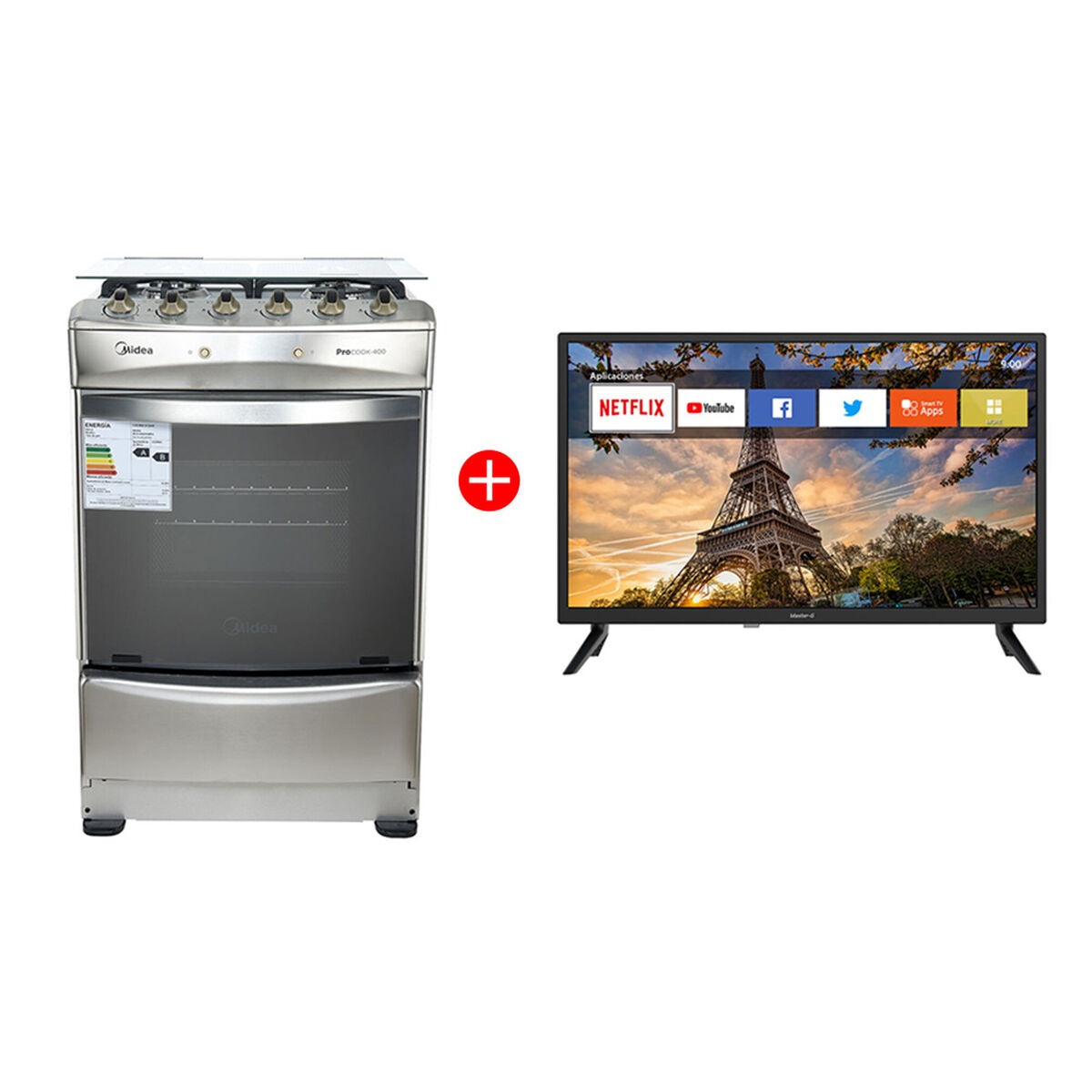 Combo Cocina a Gas Midea MCG-4QI24NS 4 Quemadores + LED 24" Master-G MGS2408X Smart TV HD